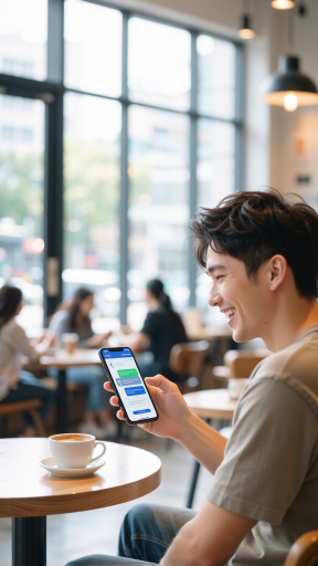 Soundbucks应用详情页面预览，显示咖啡馆内部声音波形图，用户评论和环境氛围信息，浅色主题界面