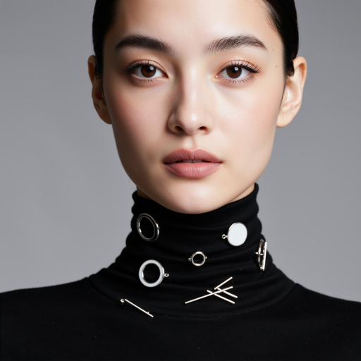 二十八岁左右女性CTO头像，穿黑色高领毛衣，专注表情，科技感背景