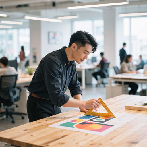 三十二岁左右男性设计师头像，穿休闲衬衫，创意工作室背景，手持设计工具